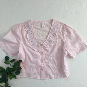 Pink Cotton Lace Collar Button Front Blouse Pleated Medium Cottagecore Coquette